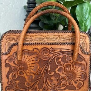 Vintage Leather Tooled Floral Embossed Satchel